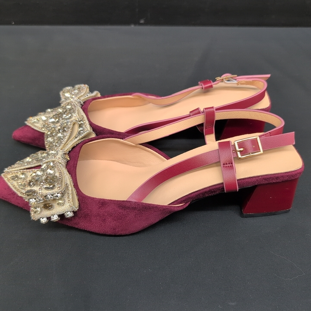 Women's Rhinestone Bow Point Toe Block Heel Pumps US 7 Burgundy